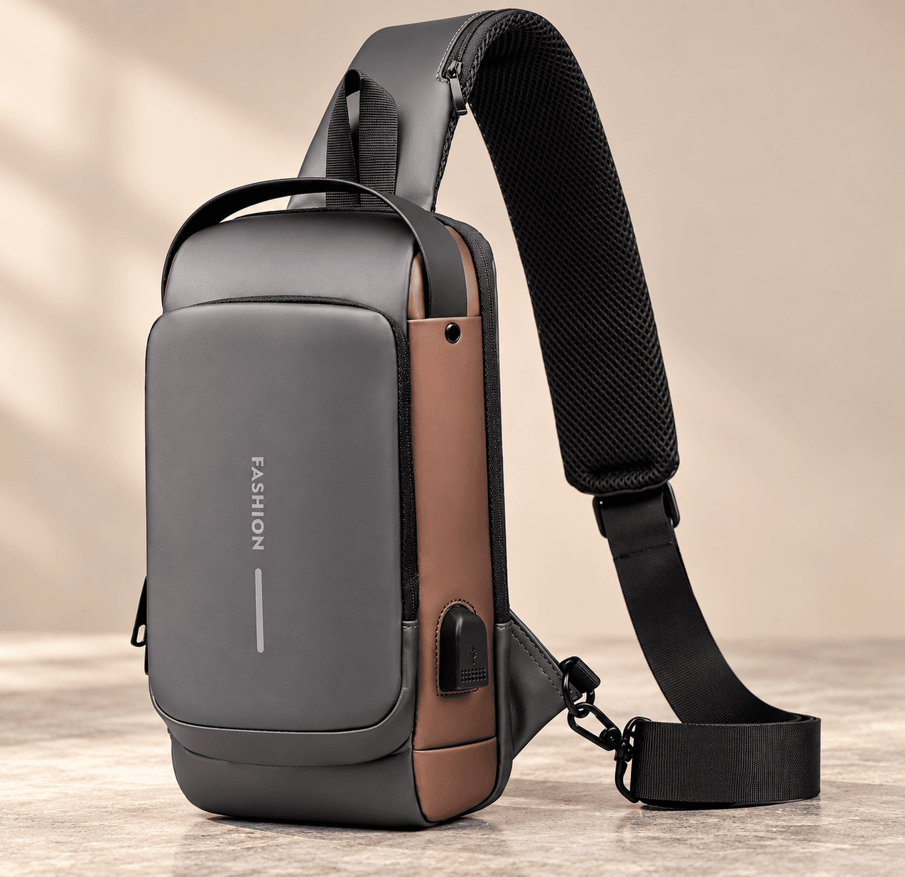 USB Charging Sling Bag – Grey & Brown