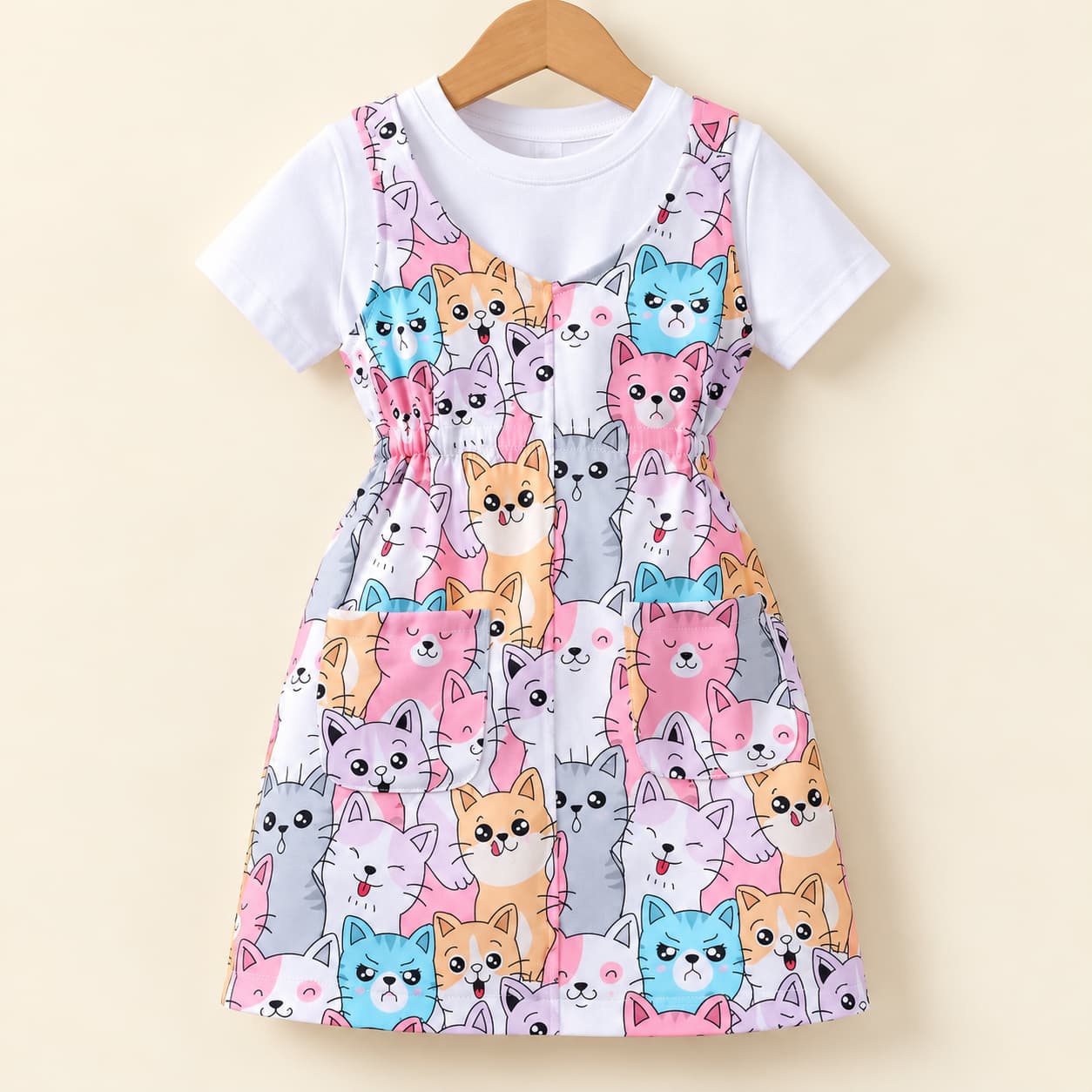 Girls’ Pastel Cat Print Pinafore Dress with White T-Shirt Set