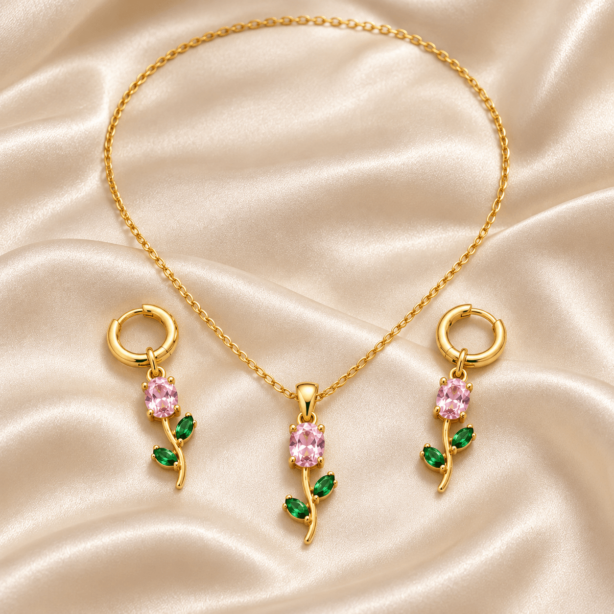 Pink Crystal Floral Necklace Set & Earrings
