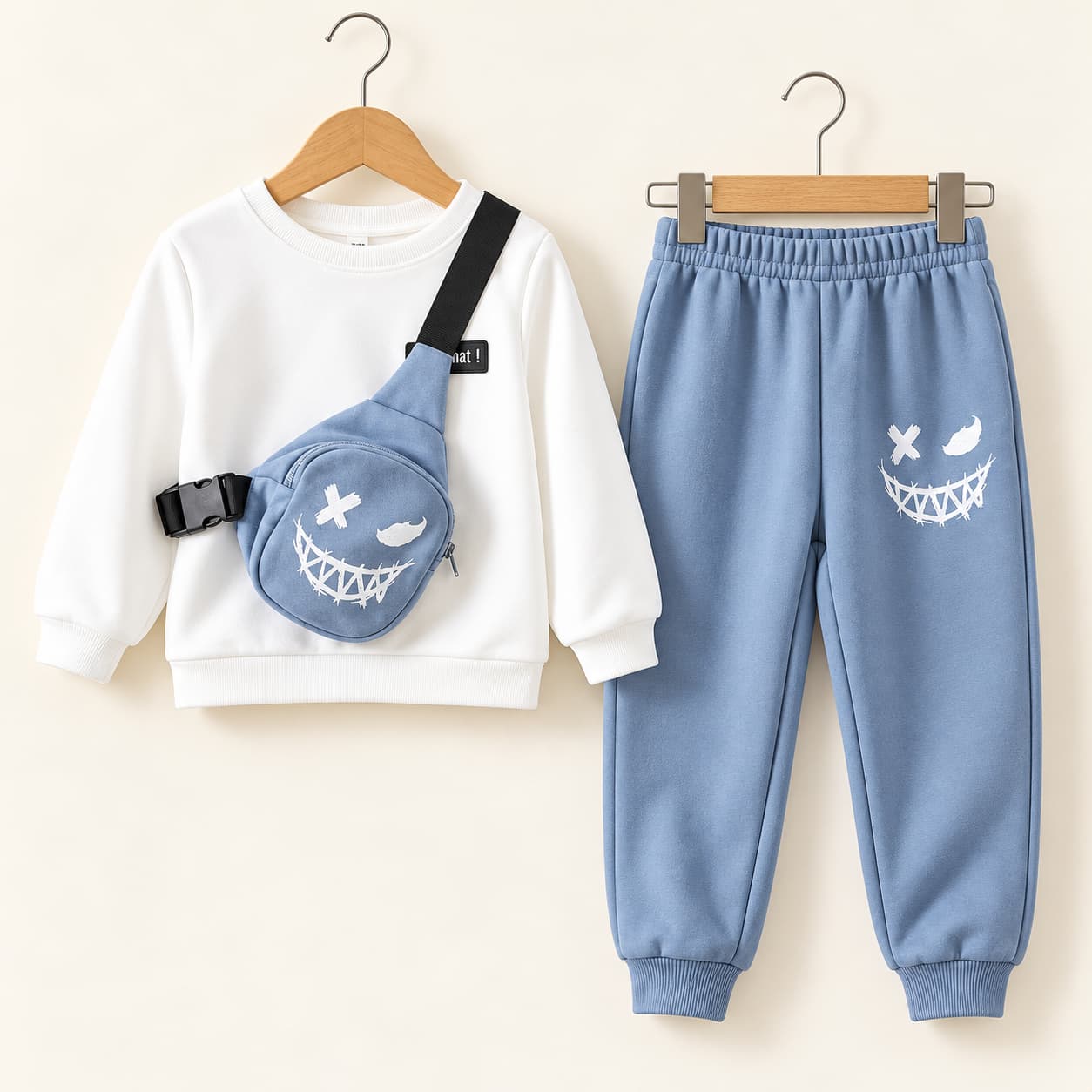 Kids Unisex Sweatshirt & Joggers Set – White & Dusty Blue