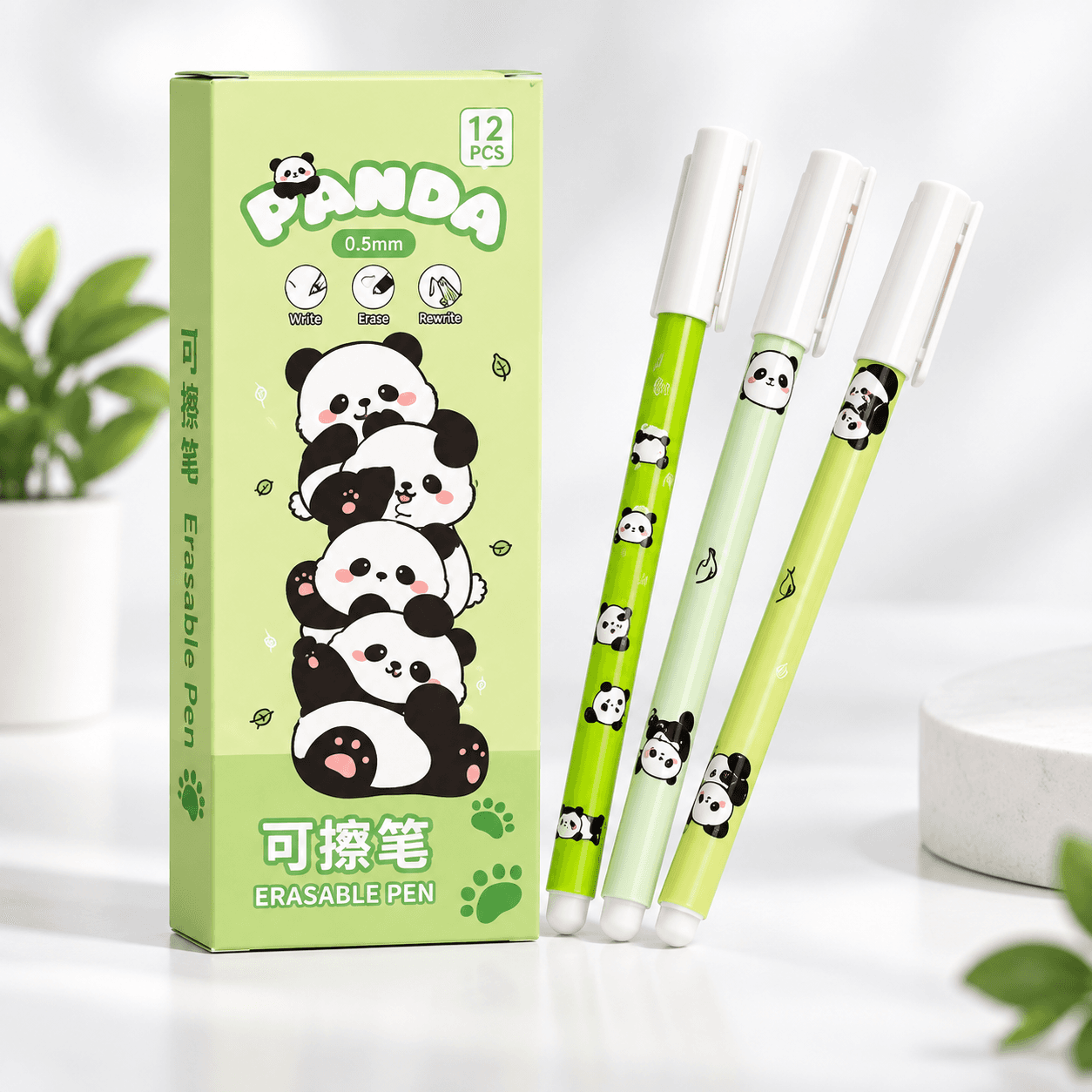 Cute Happy Panda Erasable Gel Pens (12-Pack, Blue Ink)