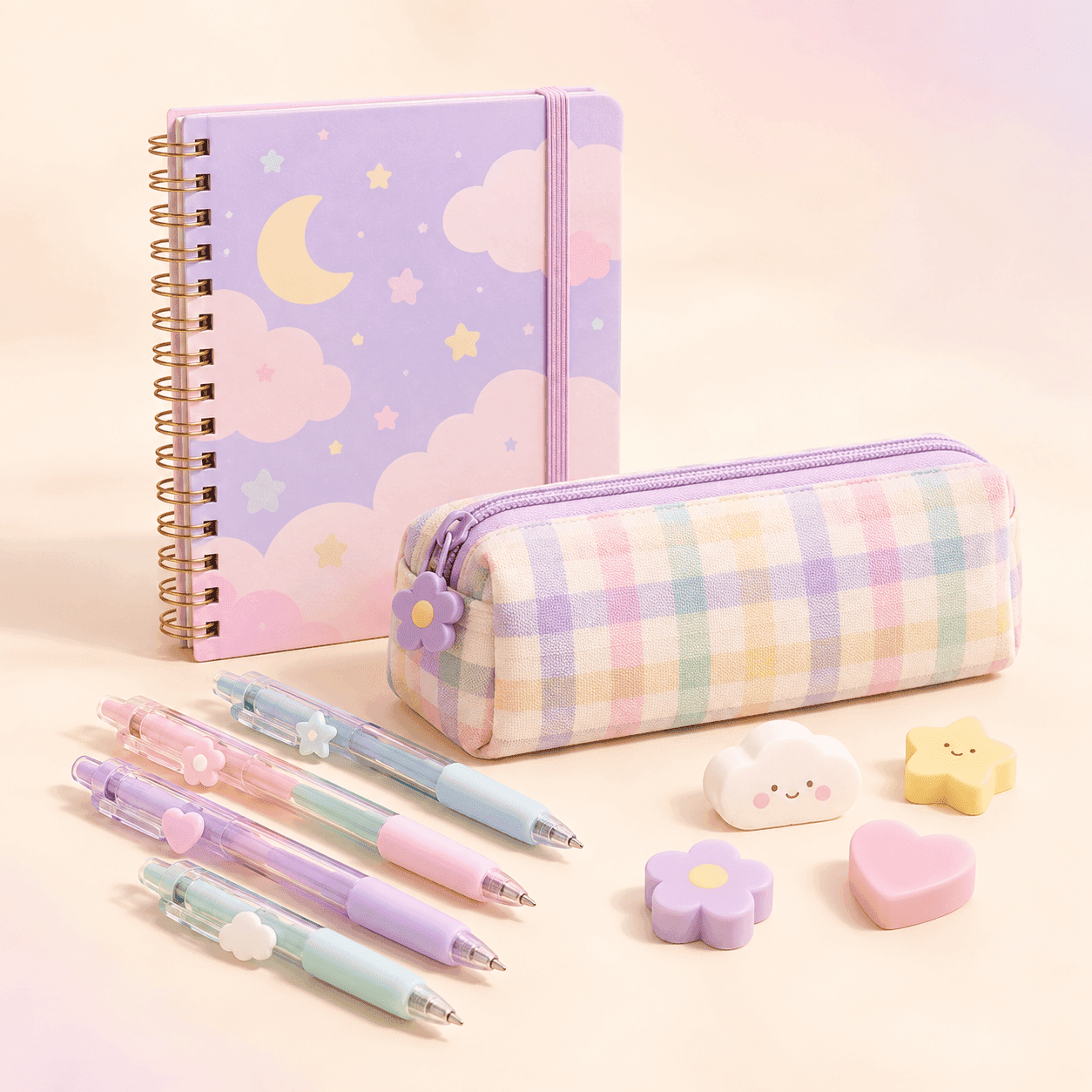 Pastel notebook, pencils, pencil case and stationery stickers