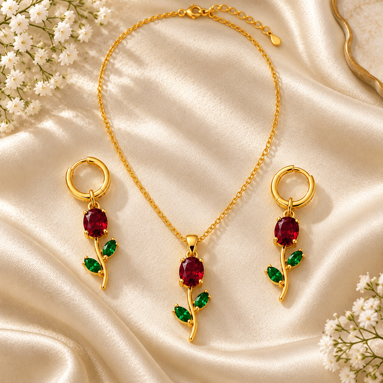 Ruby Red Crystal Floral Necklace Set & Earrings