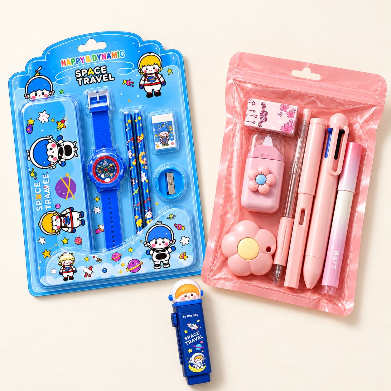 Kids Stationery Gift Combo – Watch Set, 7-Piece Stationery Kit & 1 Push-Pull Eraser