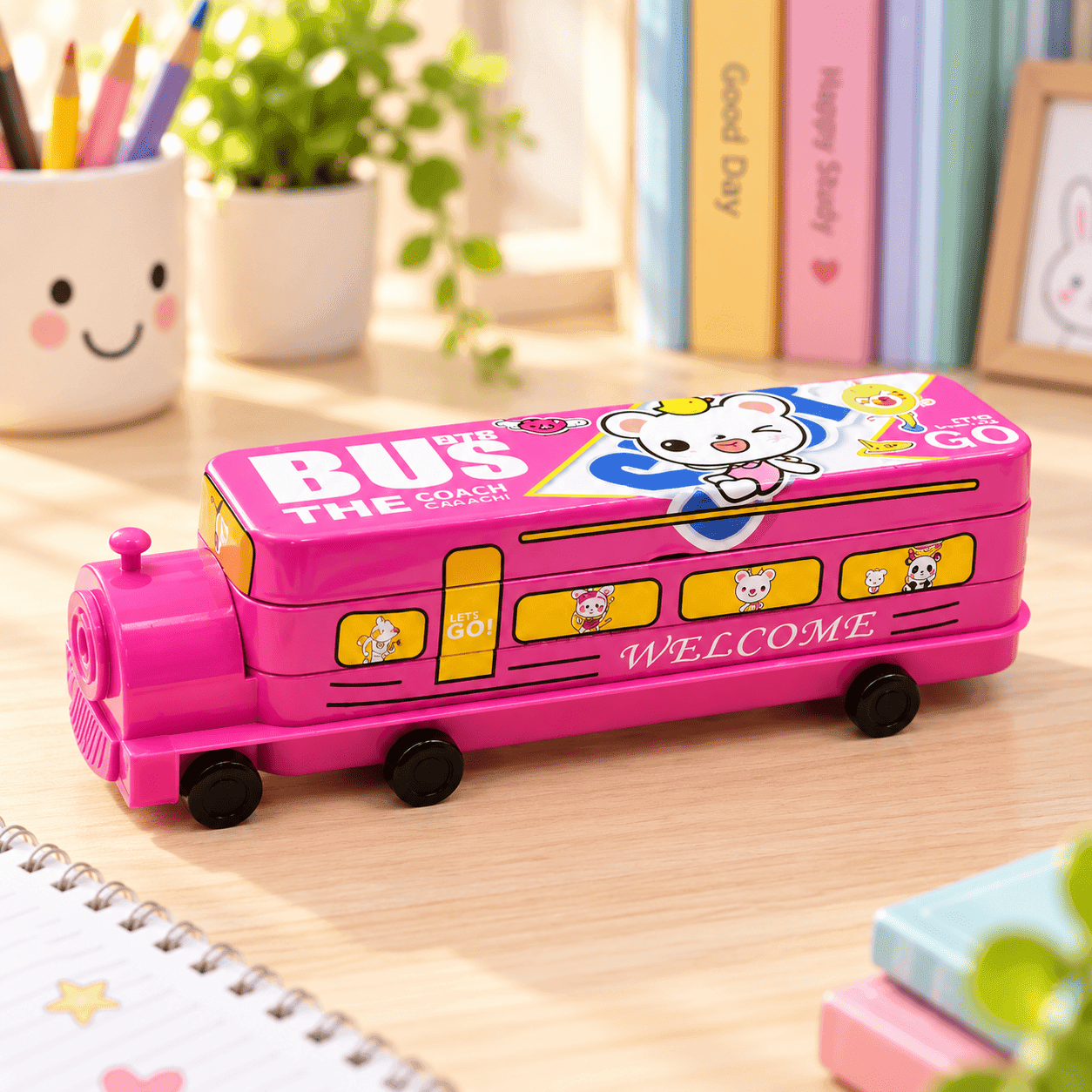 Kids’ Metal Bus Pencil Case with Built-In Sharpener – Double-Decker Storage Box
