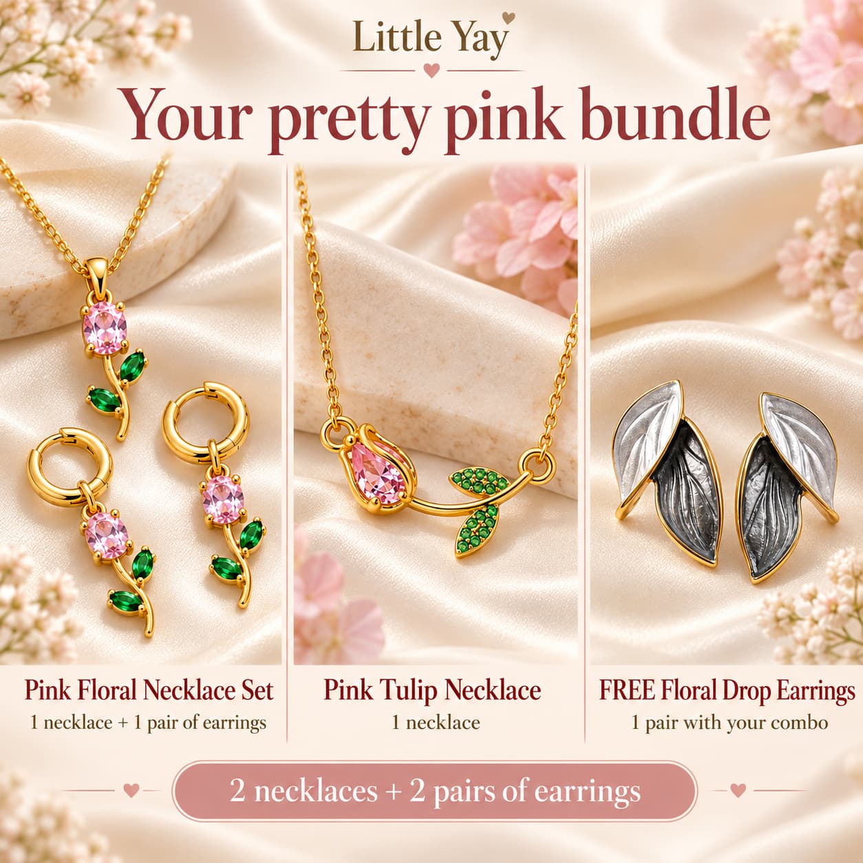 Pink Bloom & Tulip Necklace Combo + Free Floral Earrings
