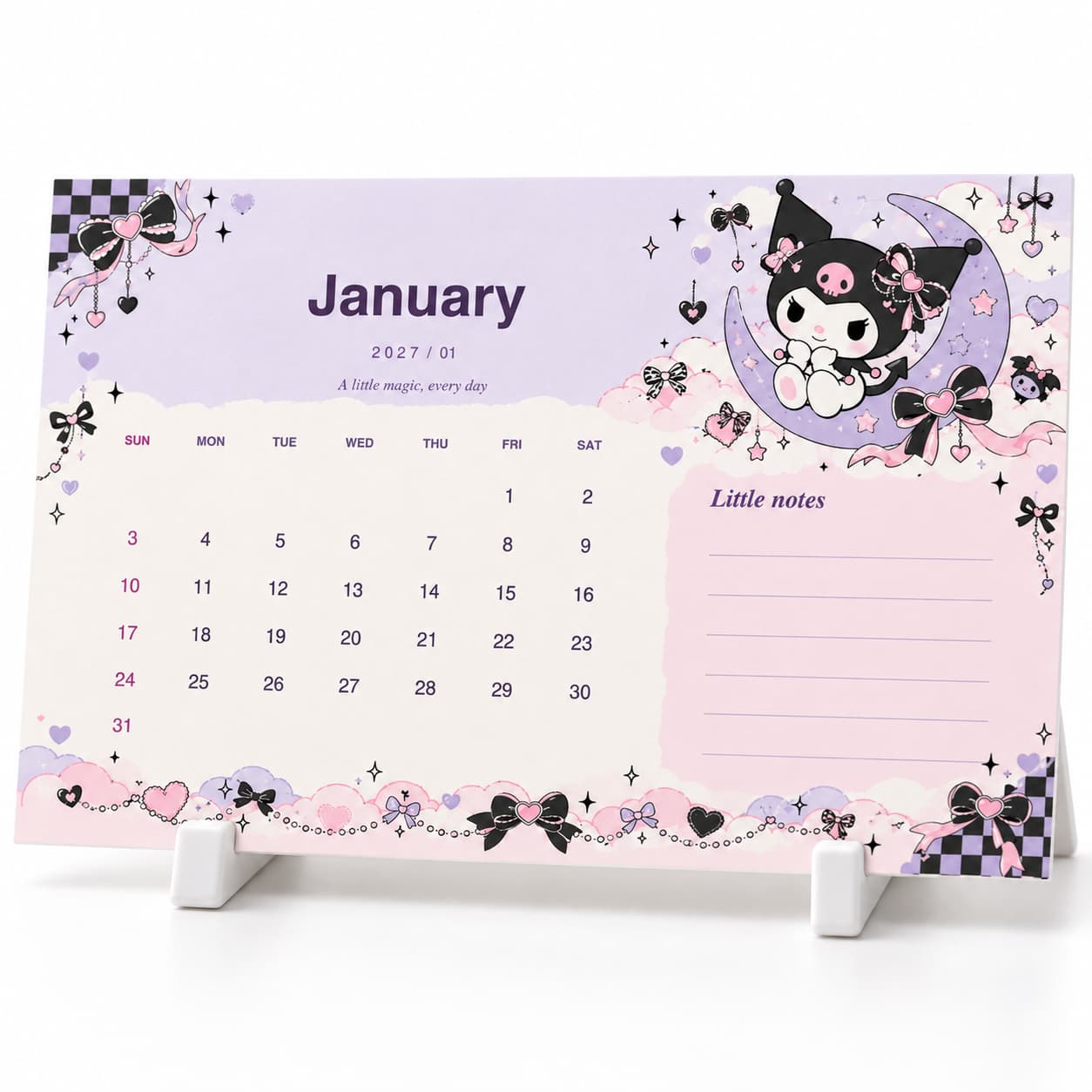Kuromi Theme 2027 Desk Calendar with Stand & Notes Space – 12 Monthly Cards