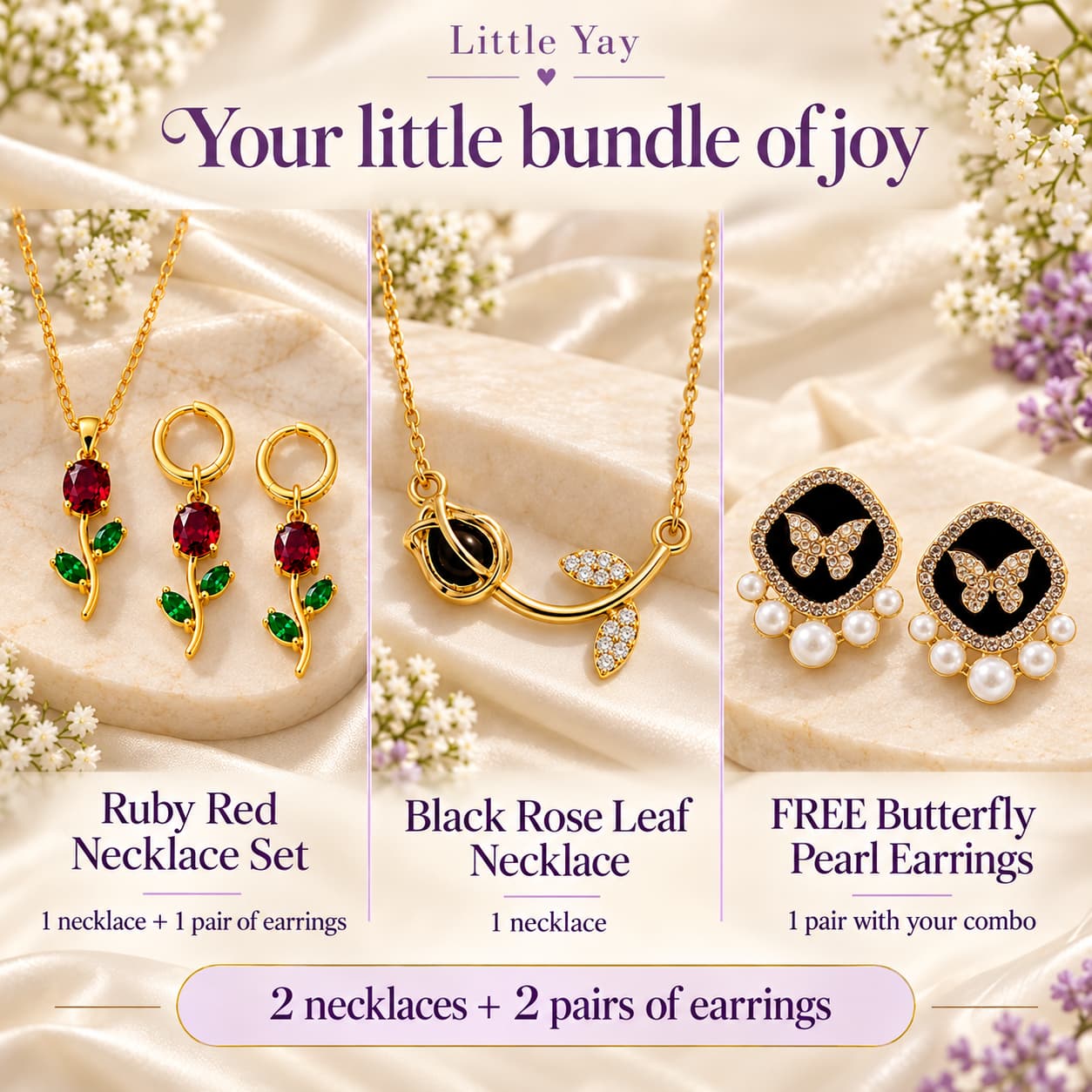 Ruby & Rose Necklace Combo + Free Butterfly Pearl Earrings
