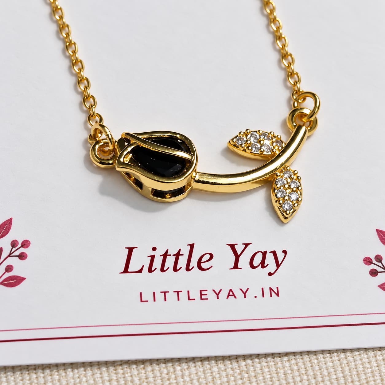 Black Stone Rose Leaf Pendant Necklace