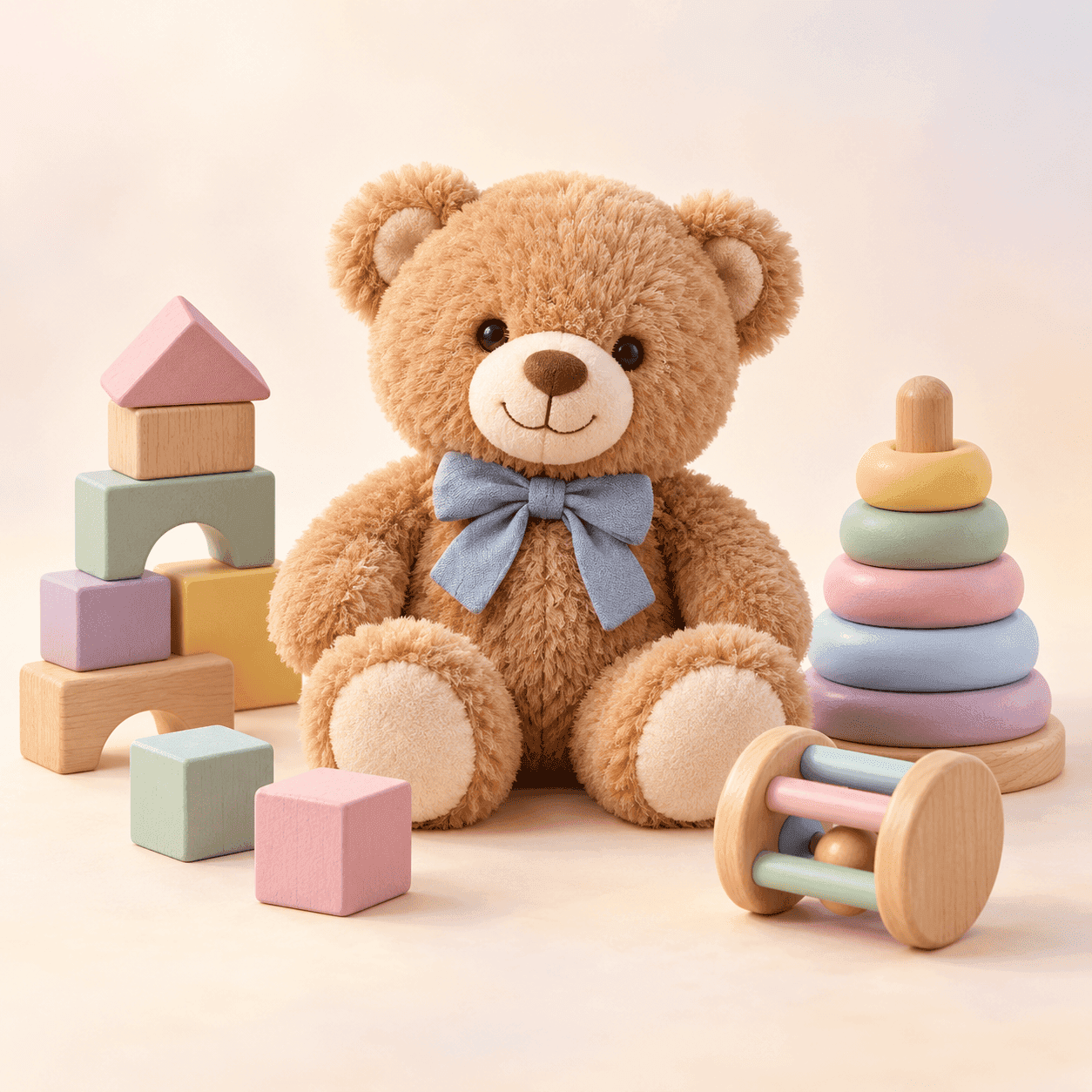 Pink teddy bear with pastel building blocks and a rainbow toy