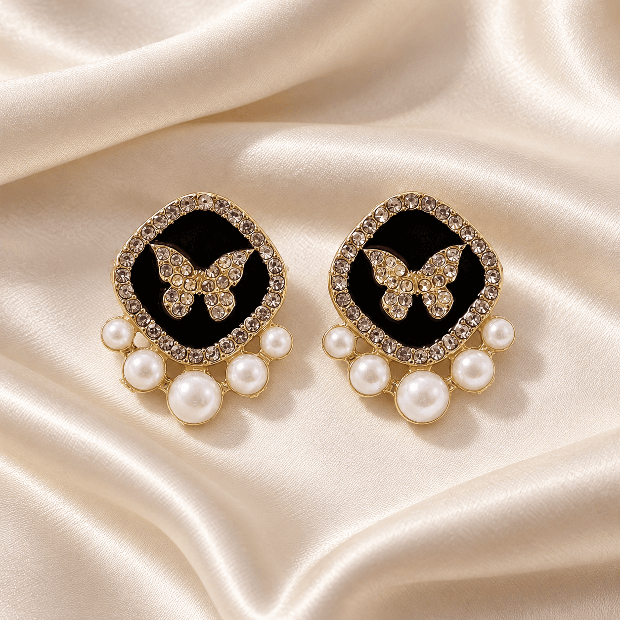 Korean Butterfly Pearl Earrings | Black Enamel Studs