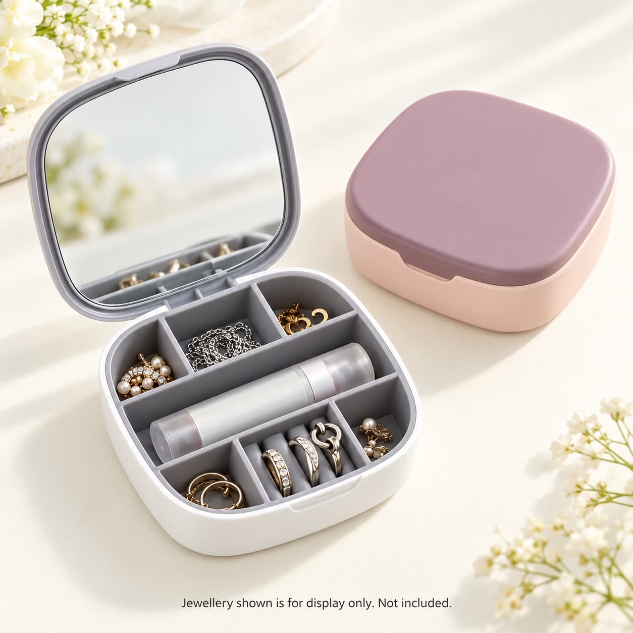 Compact Travel Jewellery Organiser Box with Mirror – Ring, Earring & Necklace Storage