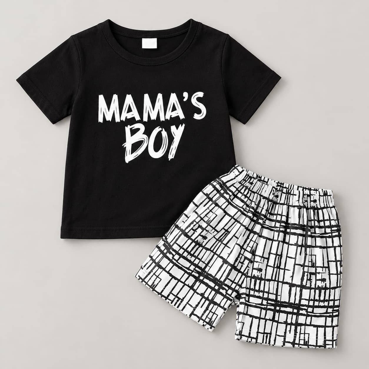 Kids’ “Mama’s Boy” Cotton T-Shirt & Shorts Set – Black & White