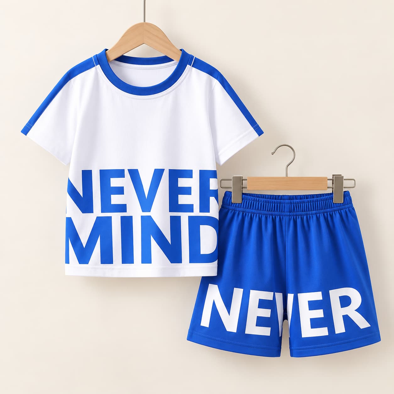 Kids’“Never Mind” T-Shirt & Shorts Set – Blue & White Hosiery Cotton