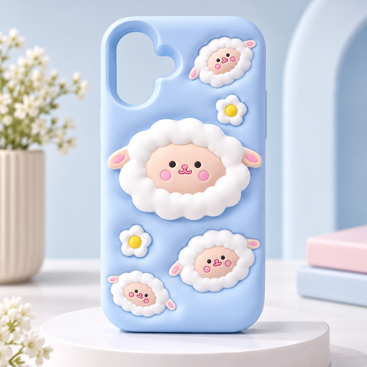 Kawaii Sheep Silicone Case for iPhone 17 | Includes 3D Flower Grip