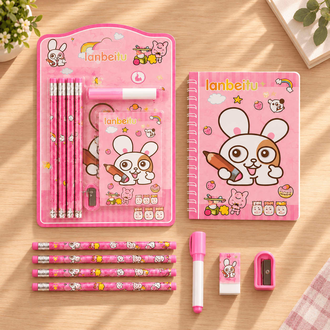 Cute Bunny Kids Stationery Kit – 8-Piece School Supply Set with Notebook, Pencils, Pen, Eraser & Sharpener