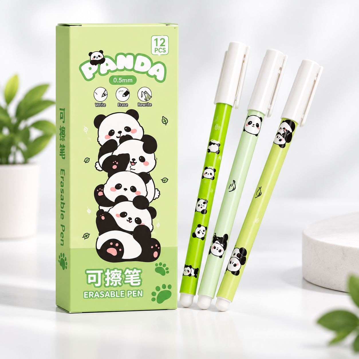 Cute Happy Panda Erasable Gel Pens (12-Pack, Blue Ink)