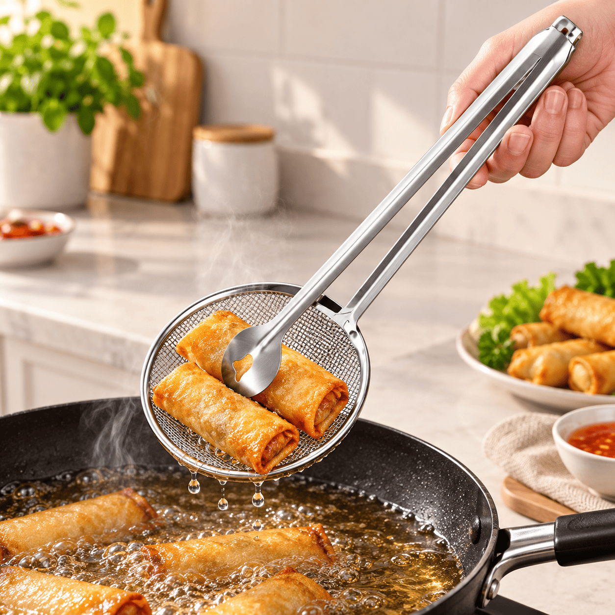 2-in-1 Stainless Steel Frying Strainer with Food Clip – Oil Draining Mesh Spoon & Kitchen Tongs