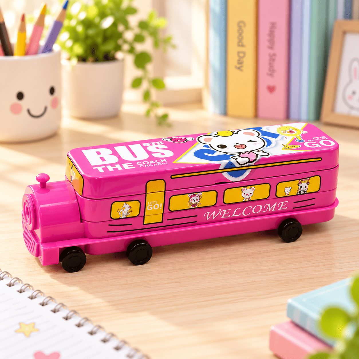 Kids’ Metal Bus Pencil Case with Built-In Sharpener – Double-Decker Storage Box