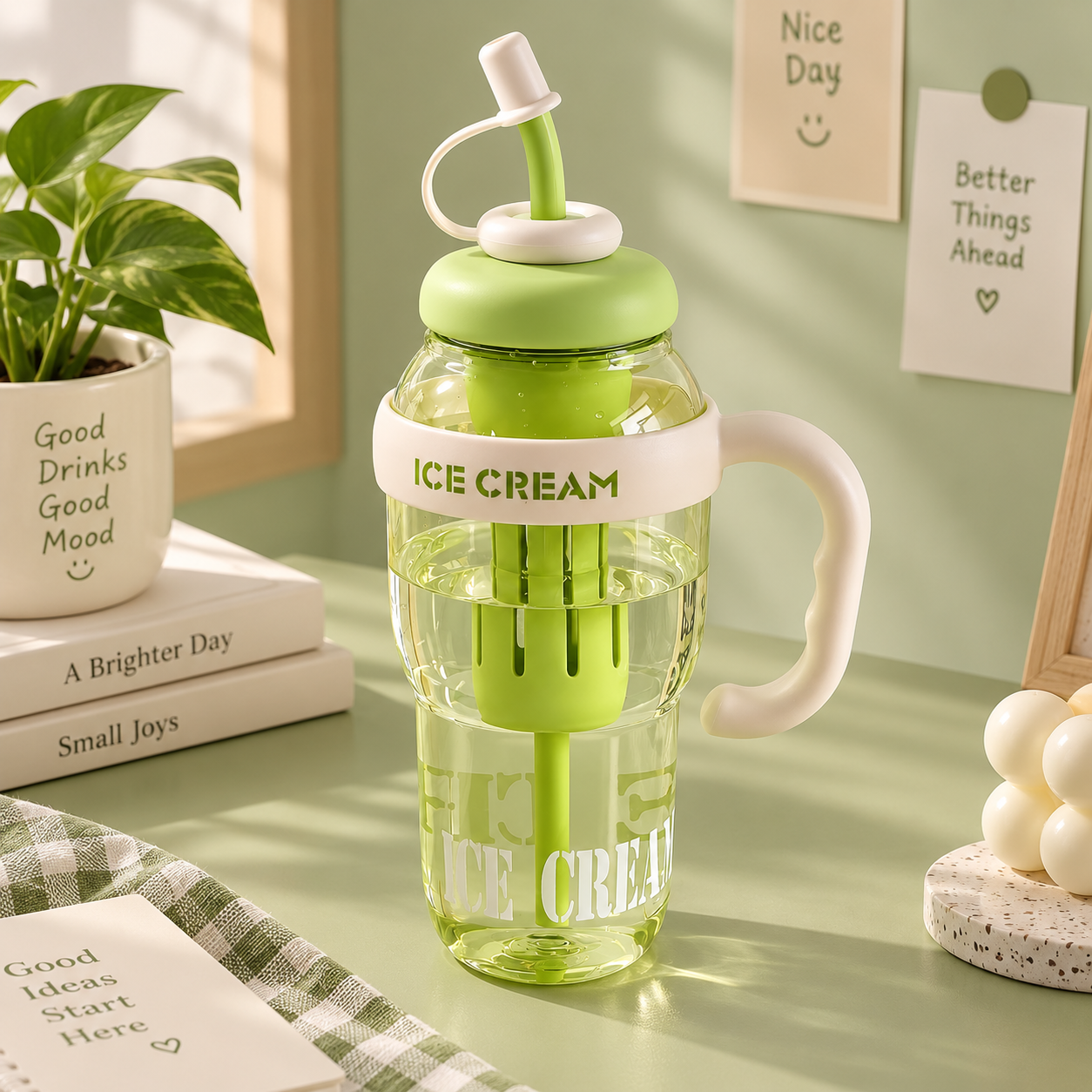 Ice Cream-Themed Water Bottle with Straw & Handle – 1300ML Large-Capacity Leakproof Sipper