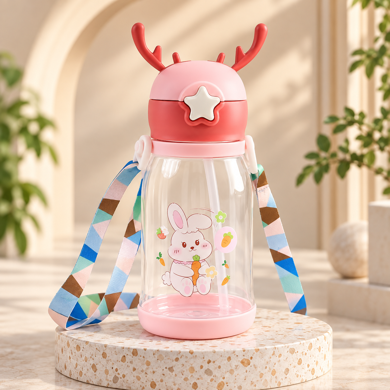Kids Cartoon Water Bottle with Straw & Strap – 450ML Leakproof Bunny Sipper Bottle